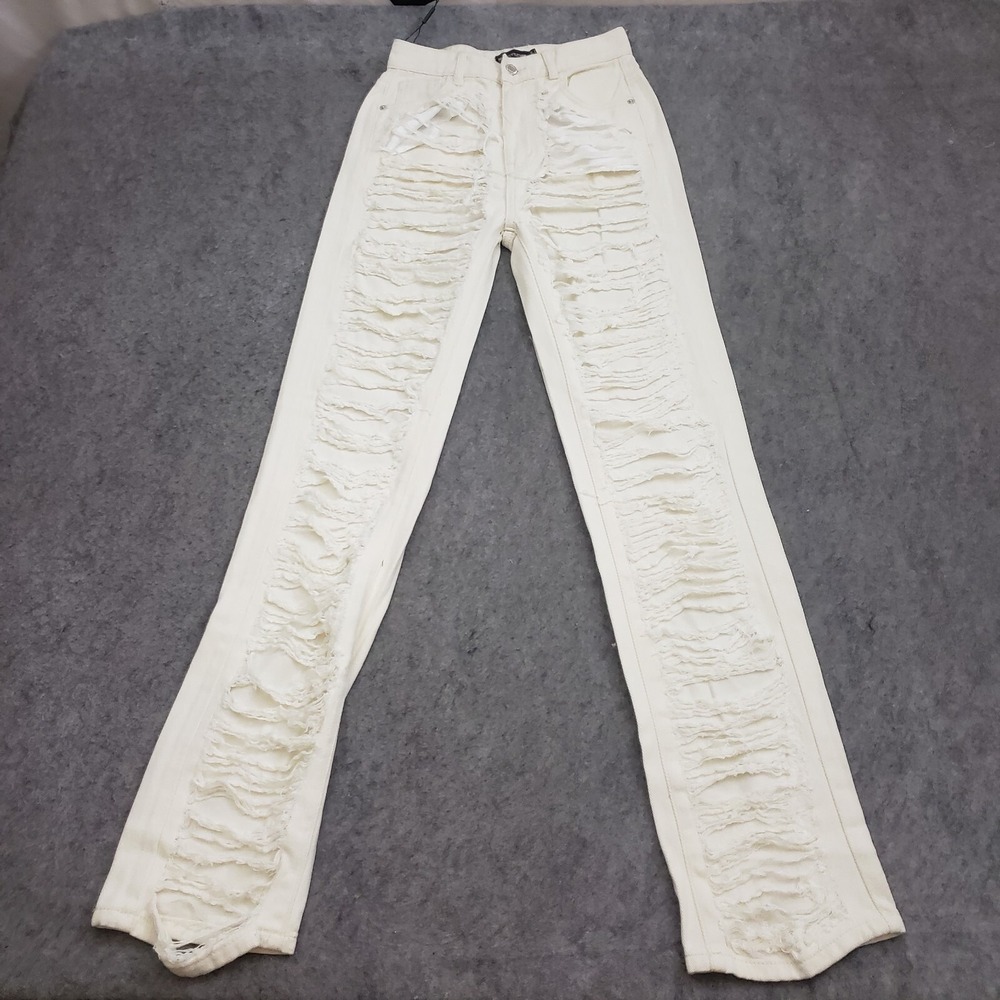 NEW PrettyLittleThing Jeans Women 0 Off White Straight Distressed Denim 25x31 A1